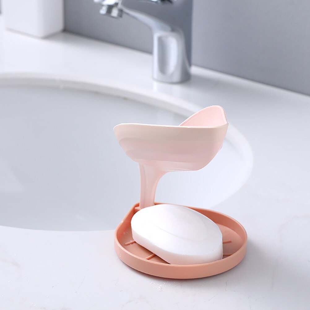 Sink Soap Drain Box Double Leaf-Shaped Soap Holder Free Punch Toilet Bathroom Multifunctional Soap Holder: pink