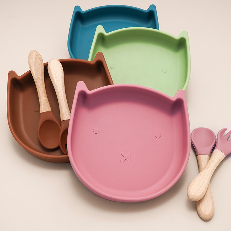 Am azon 100% de alimentaire chat forme bol sécurité aspiration Silione cuillère bébé alimentation ensemble enfant en bas âge de noël