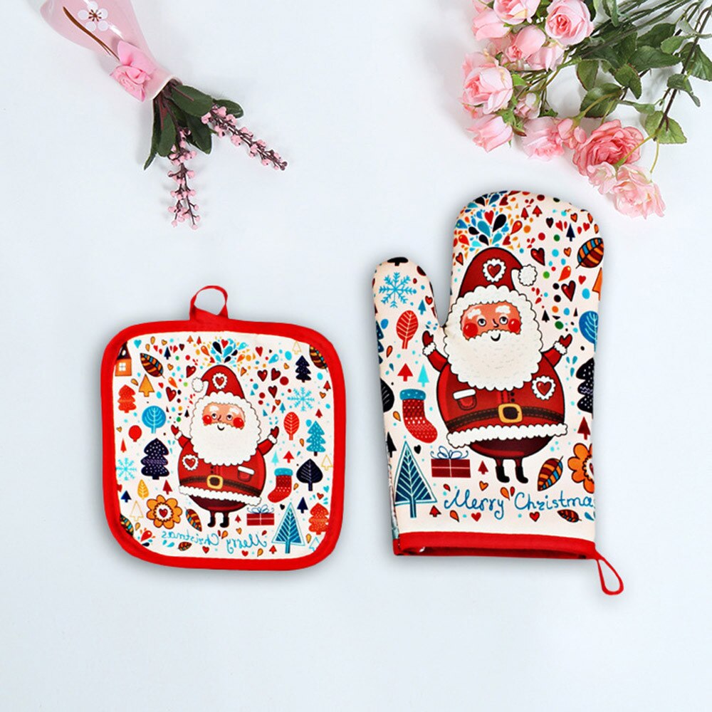 Juego de 2 guantes Anti-calor para hornear navideños, aislante para horno y microondas esterilla, suministro navideño, manoplas y estera para barbacoa, cocina casera: D