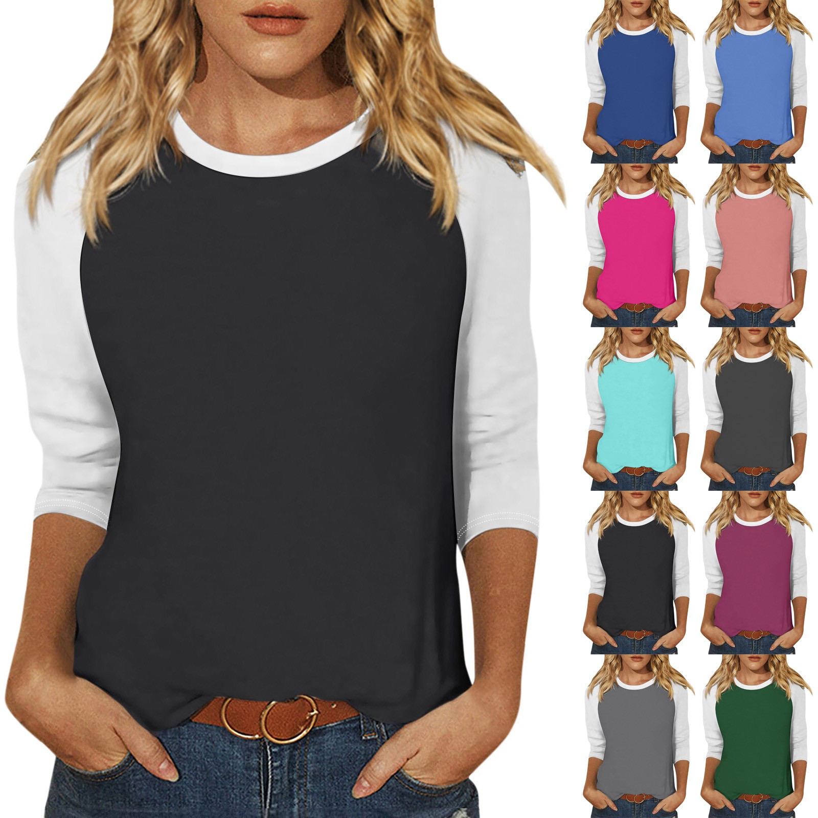 Chemise pour femmes décontracté manches Raglan col rond manches 3/4 ample Patchwork imprimé T-Shirt haut pour femme Ropa De Mujer