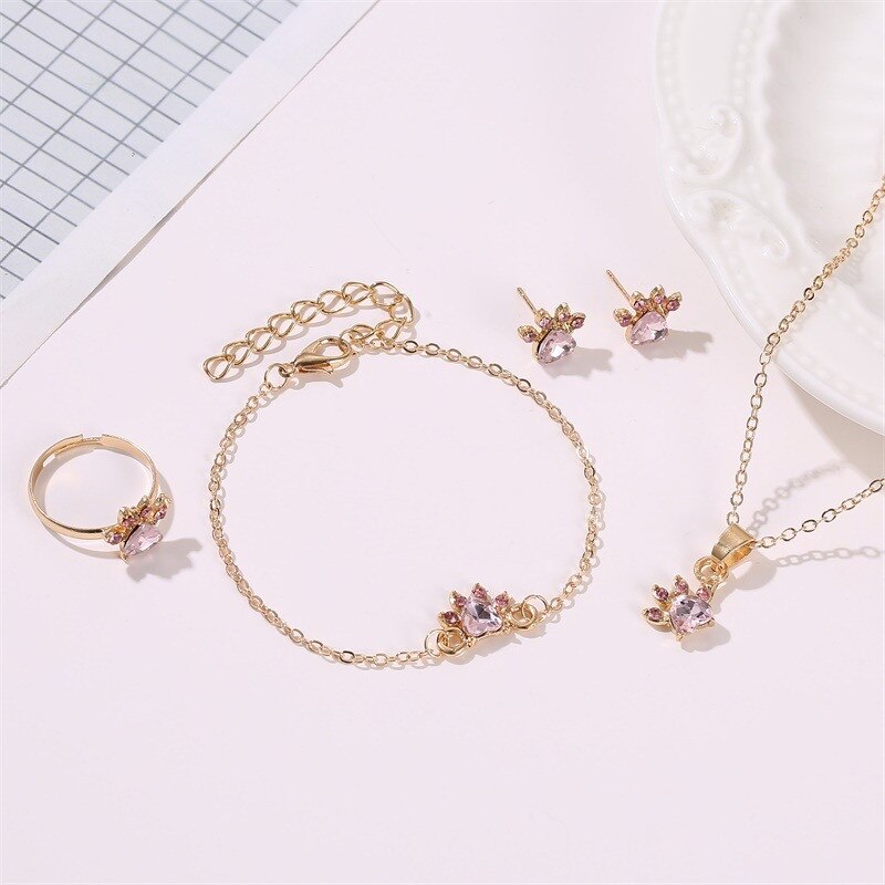 Niedliche Weibliche Rosa Kristall Schmuck-einstellen Charme Ring Gold Farbe Zucht Ohrring Für Frauen zierlich Katze Pfote Armbinde Hochzeit Kette halskette