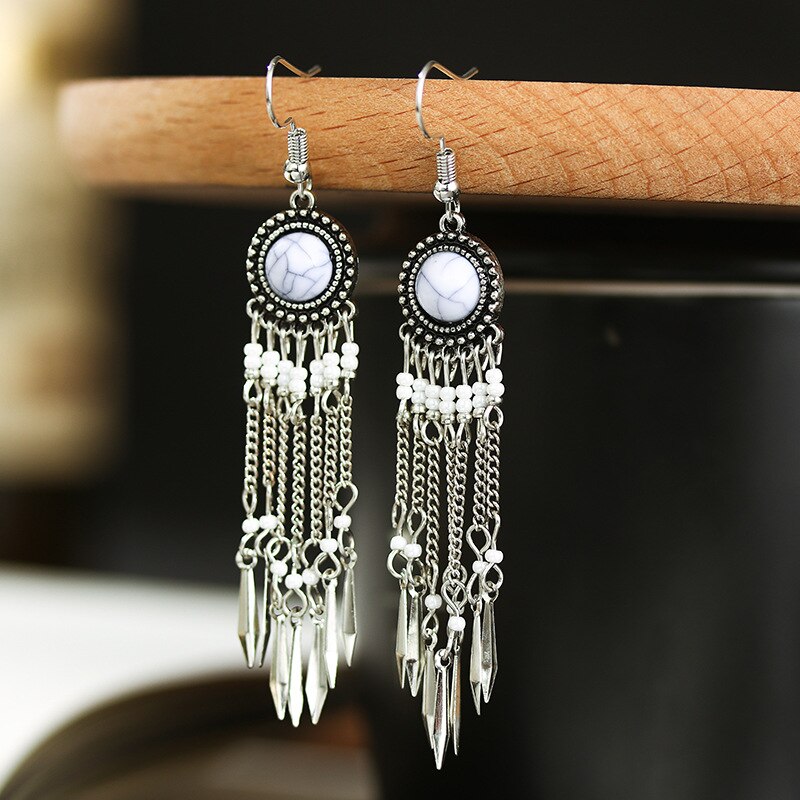 Boho Jewelry Long Chain Tassel Dangle Earrings Brincos Stone Beads Female Earrings Silver Color Jhumkas indian Unique Jewellery: White