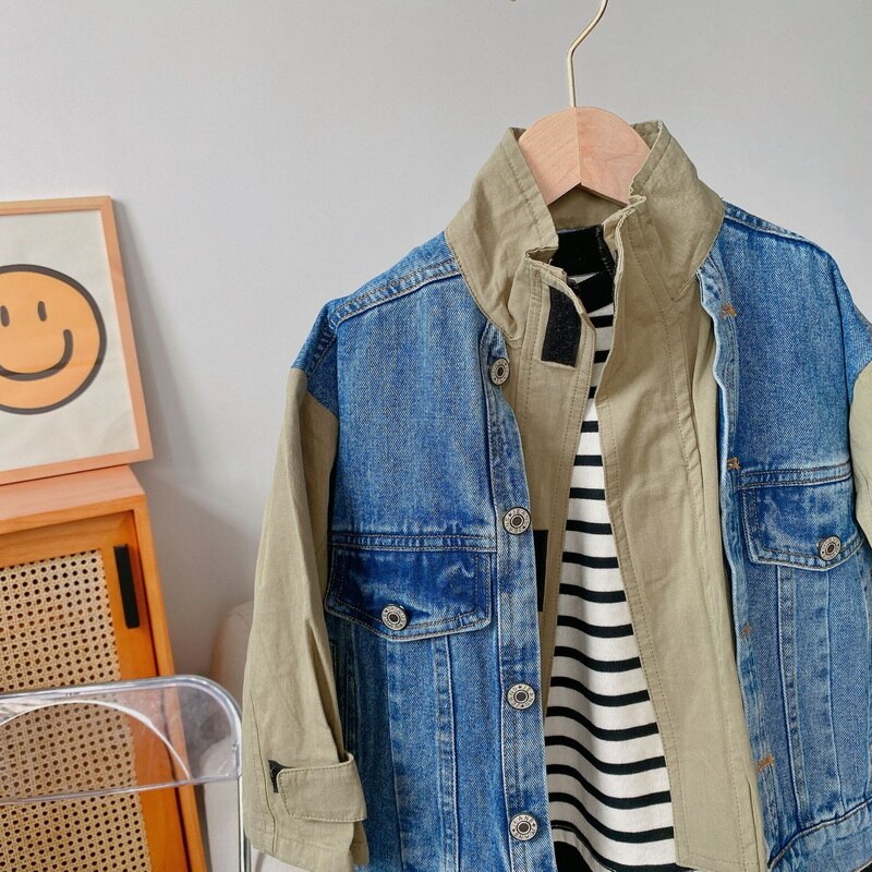 2021 vendita calda autunno bambini ragazzi ragazze cappotto patchwork maniche lunghe falso due giacche bambini Denim capispalla stile Casual E425