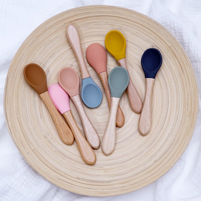 Cuchara de manija de madera silicona para alimentación de niños, utensilios para comer comida sólida, entrenamiento, capacidad de manipulación, vajilla