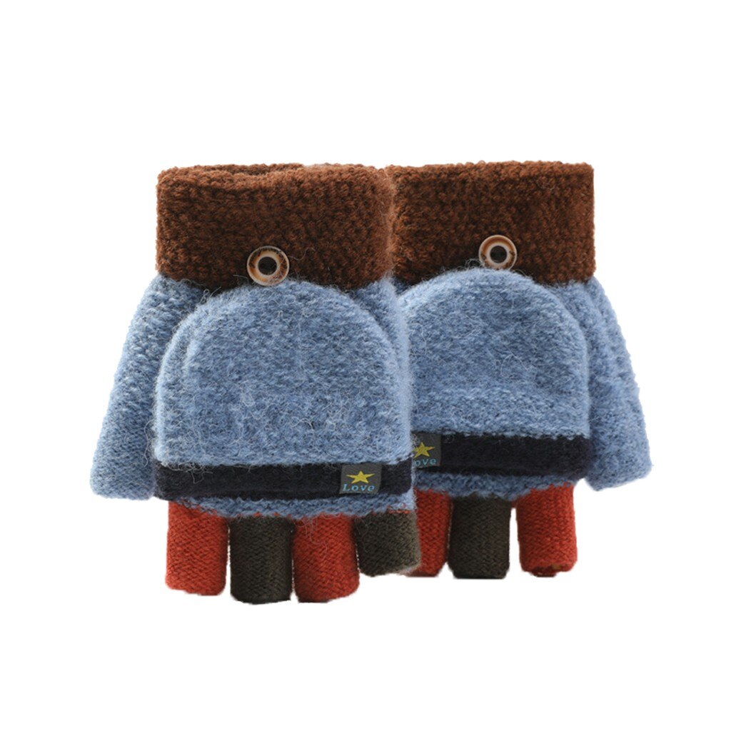 Kids Winter Handschoenen Convertible Flip Top Vingerloze Handschoenen Unisex Warme Zachte Streep Knit Mittens Kinderen L0922: Blue