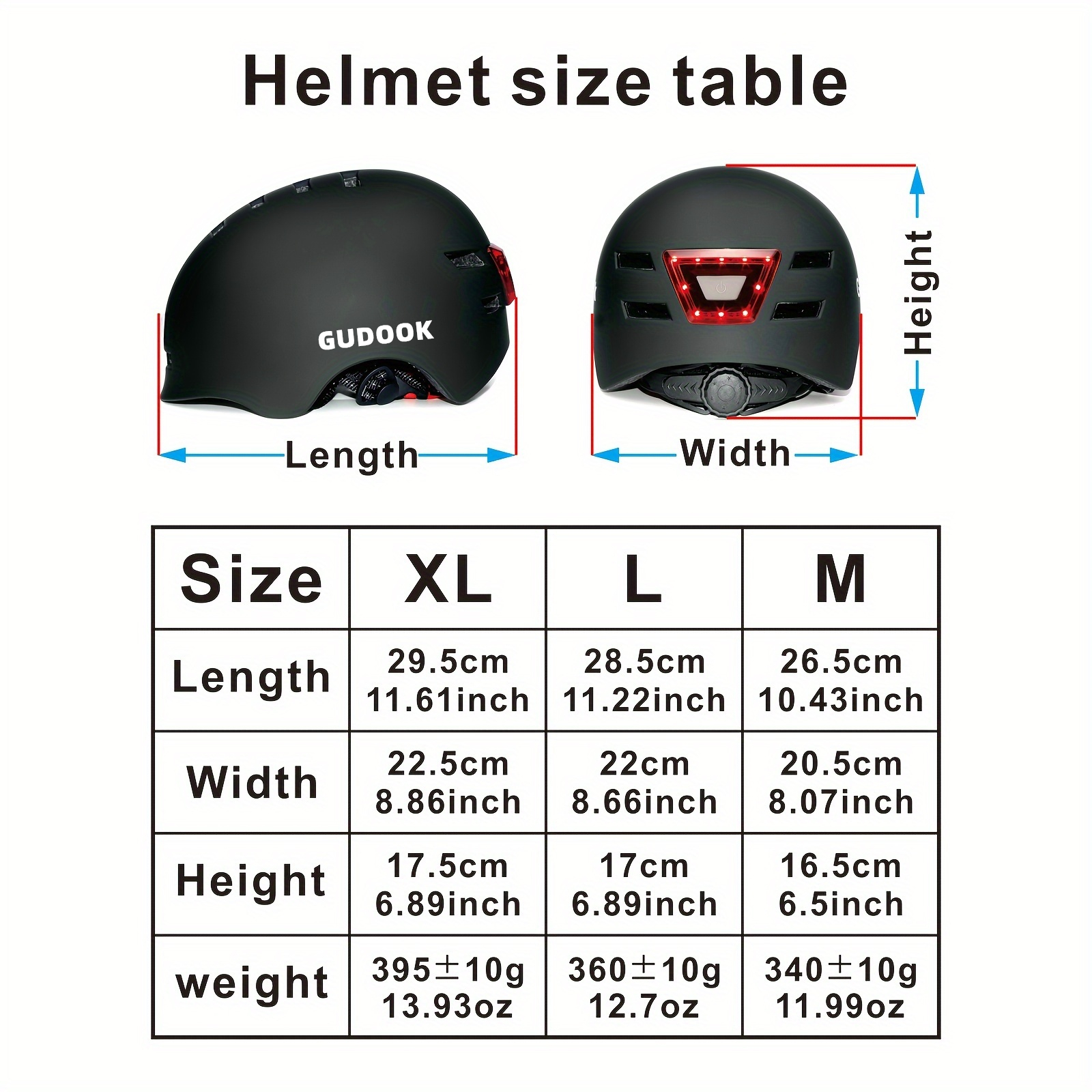 GUDOOK Adult Bike Helmet with Light - Bicycle Helmets Men - Women - Front and Back LED Lights for Scooter， Cycling, Skating