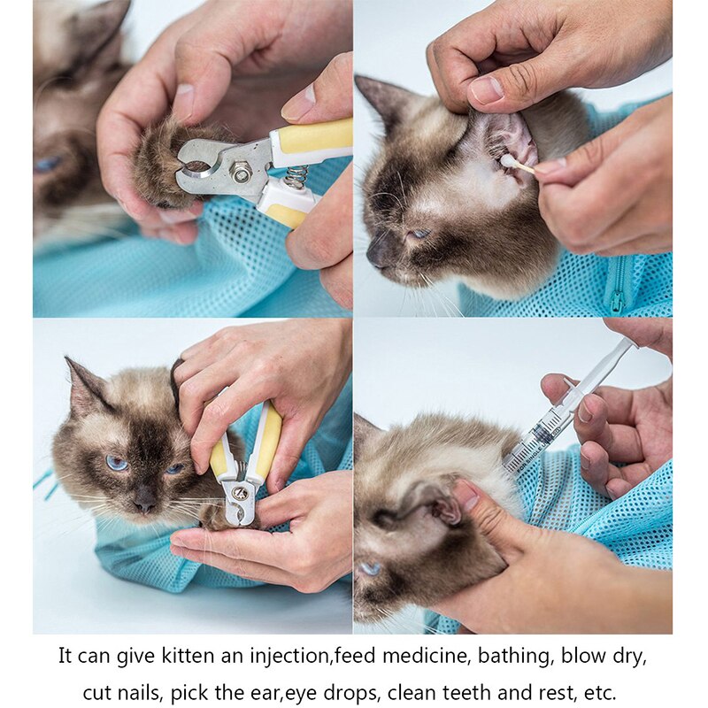 Cat Shower Mesh Bag Grooming Adjustable Multifunctional Solid Color Polyester Cat Scratch Prevention Fixed Washing Bag