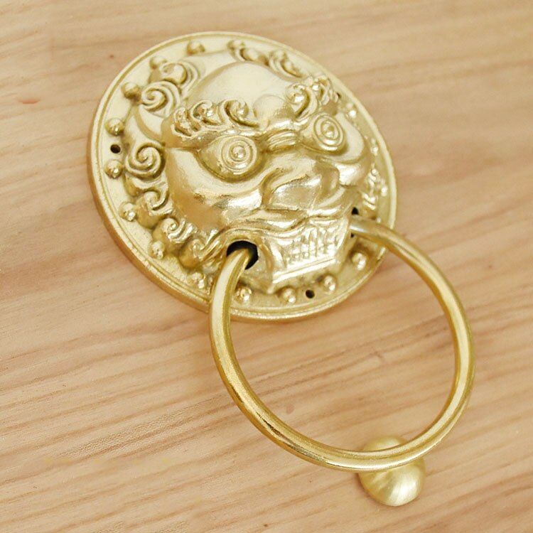Antik kobber løvehoved dørhåndtag dør banker møbler dekorativ spænde ring retro tiger håndtag: Guld