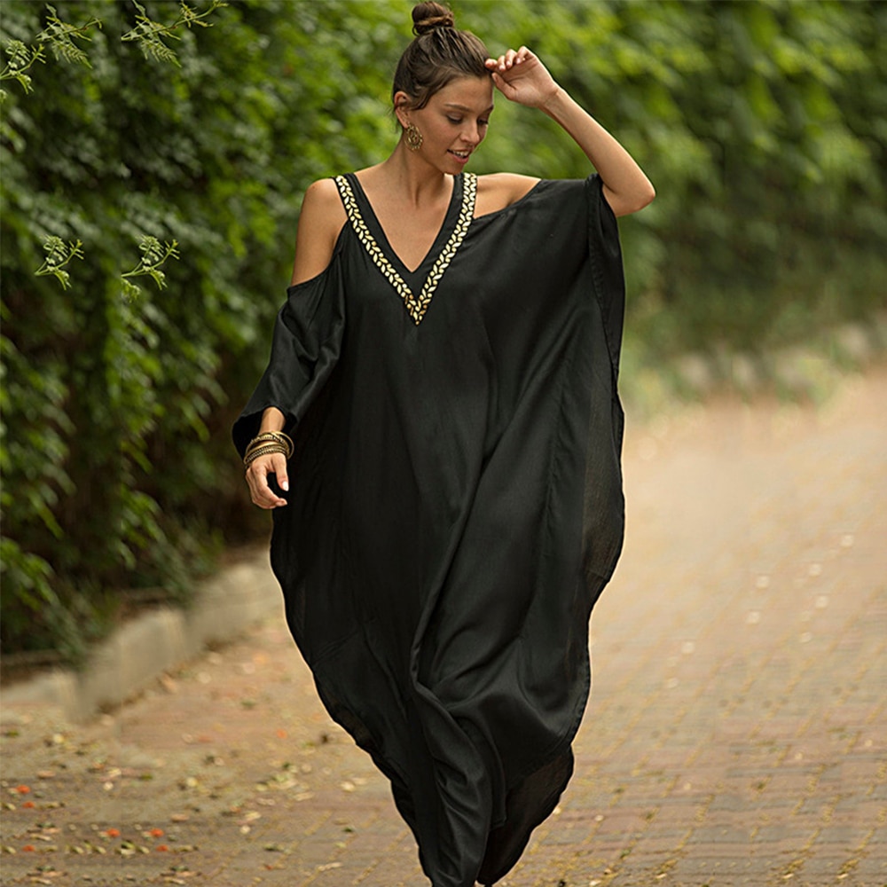 Zwart V-hals Beach Cover Up Vrouwen Oversize Kaftan Off De Schouder Lange Strand Jurk Gewaad Plage Borduurwerk Beachwear Tuniek