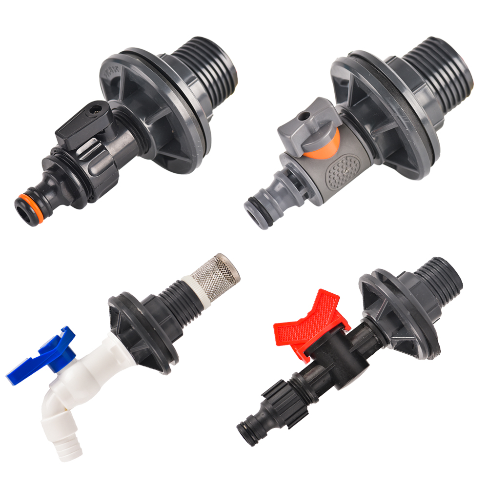 1/2 3/4 Zoll PVC Zapfen Regenfass Wasserhahn Ventil Bausatz mit Schottverschraubung und Schlauchadapter, für Aquarien, Wassertanks, Schwimmbecken