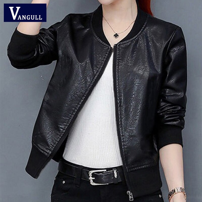 Vangull Spring Leather Jacket Women Black Color Mandarin Collar Zippers Short Female Faux Leather Jackets: XXXL
