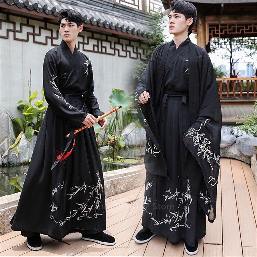 Hanfu-ropa tradicional china antigua para hombres y mujeres, traje bordado de bambú negro, conjunto de ropa de calle para parejas, trajes para adultos