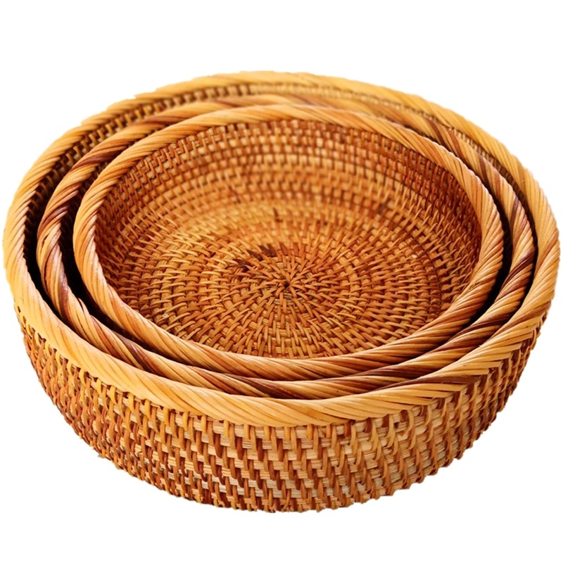 Hadewoven ronde rotan fruitmand rieten voedsellade gevlochten opberghouder eetkamerkom  (3- maten kit): Default Title