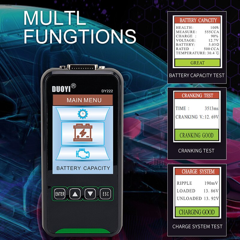 12V/24V Motorcycle Car Battery Load Tester Multifunctional Battery Health Checker Automotive Battery System Tester Accessories