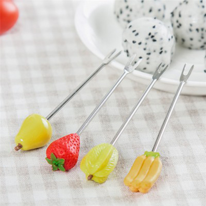 6Pcs Kitchen Forks fruit sign stainless steel fruit Fork multicolor Tableware cute child Fruit Forks #3n05#F