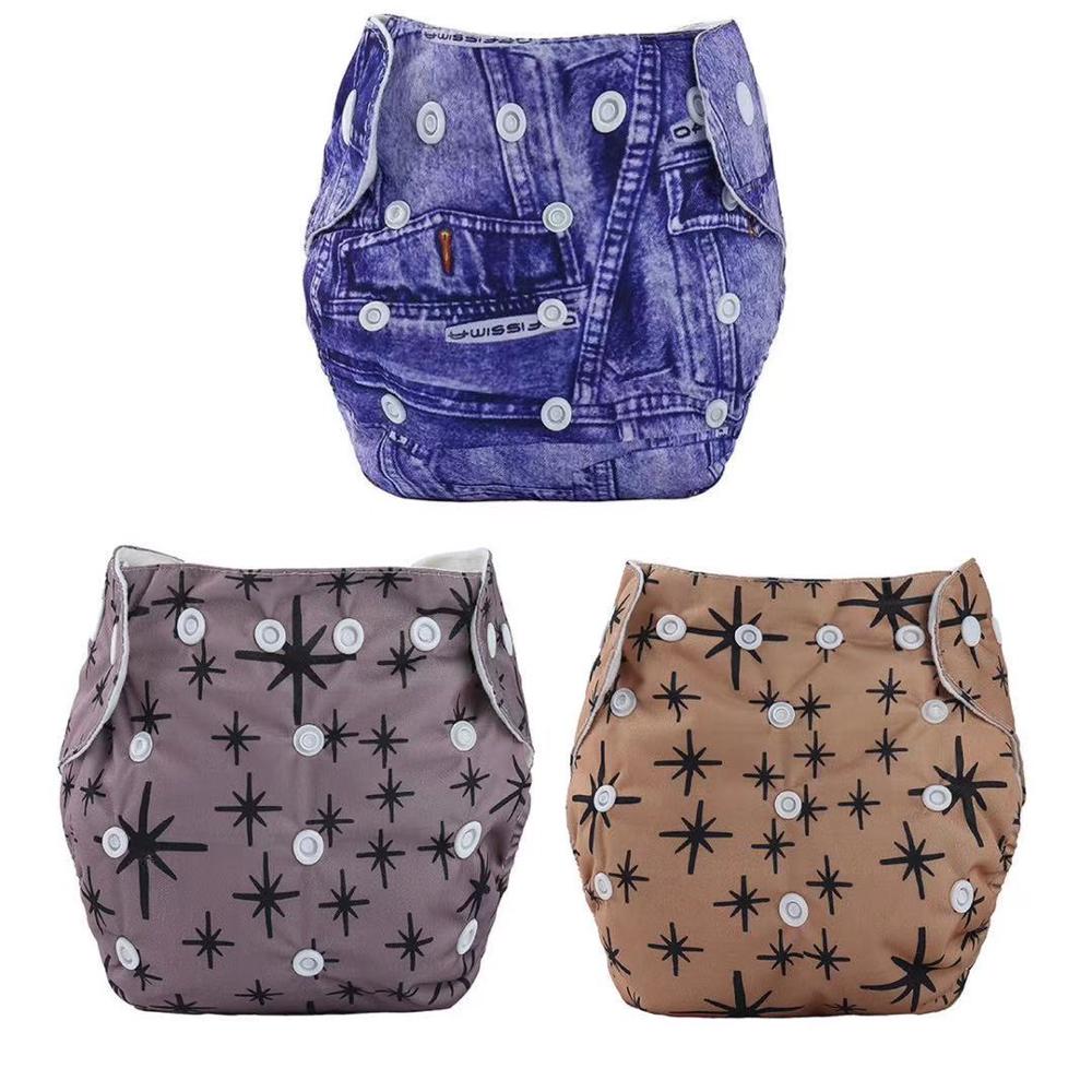 3pcs/lot Baby Cloth Diaper Reusable Washable Printed Infant Nappies Adjustable Diaper Cover with Star Prints Suede Inner Cloth