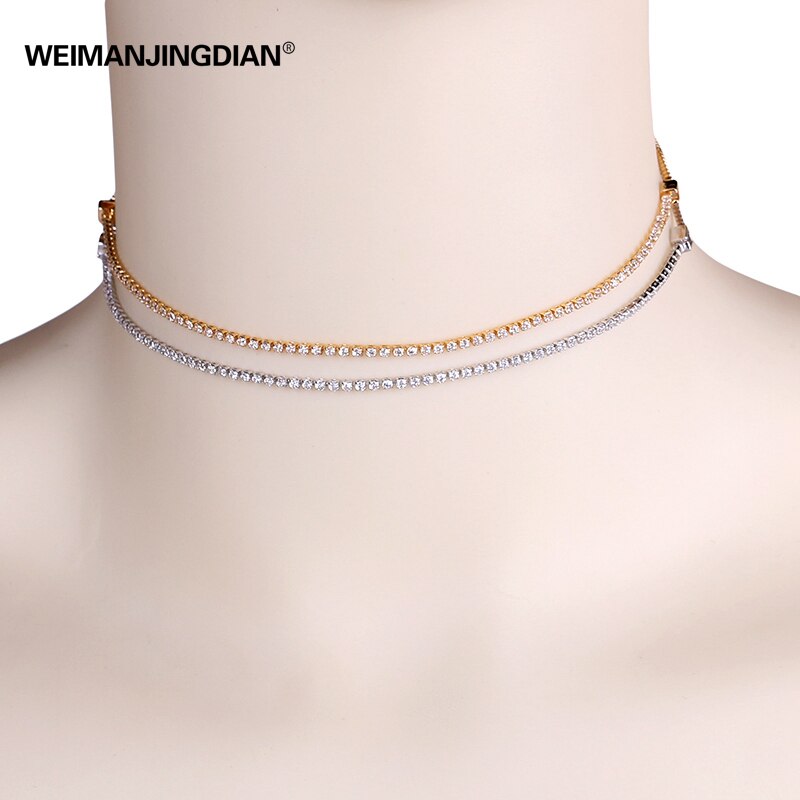 Exquisite Round Cubic Zirconia Choker Necklace Adjustable in White Gold or Yellow Gold Colors