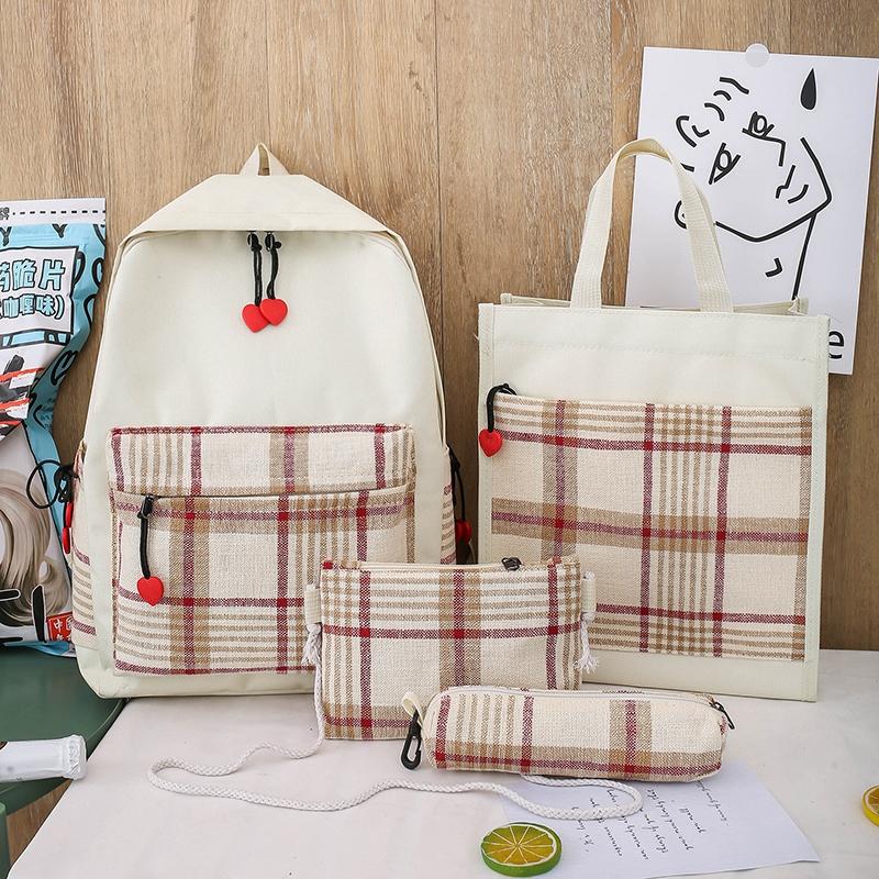 4 pièces ensemble de sacs d'école corée sac à dos pour adolescent filles toile femmes sac à dos pour ordinateur portable étudiant livre sac Mochila Escolar cartable: Beige