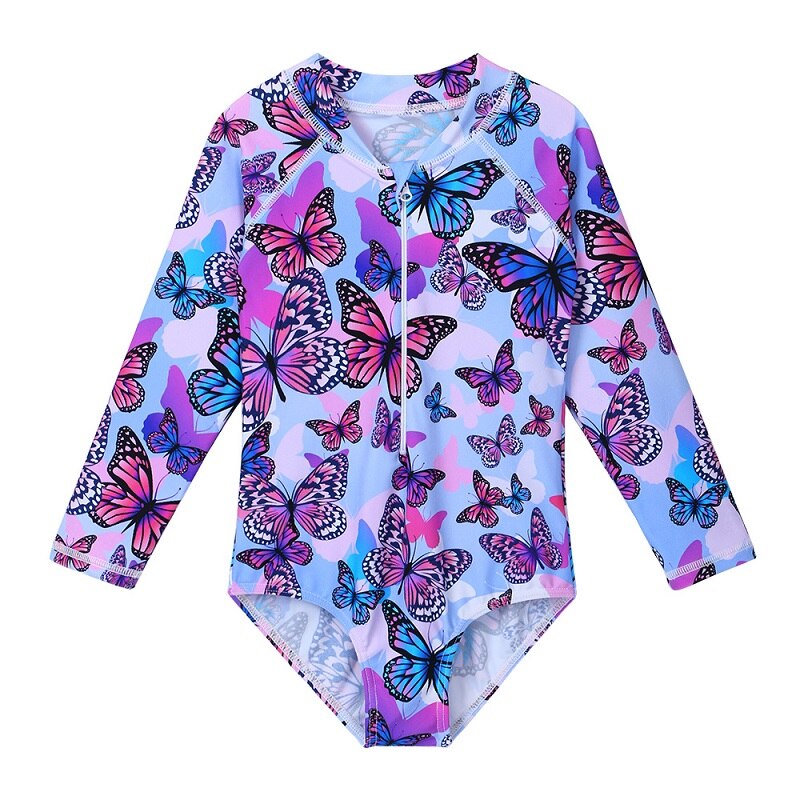 BAOHULU One Piece Long Sleeve Girls Swimwear Kids Butterfly Print Bodysuit UV 50+ Sun Protection Beachwear with Ziper: S294 PurpleButterfly / 152 to 158 cm
