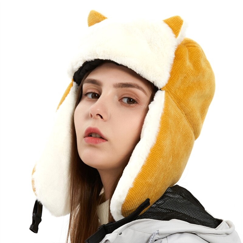 Women Winter Thicken Plush Lining Trooper Trapper Hat Cute Cat Ears Outdoor Thermal Warm Snow Ski Windproof Earflap Cap