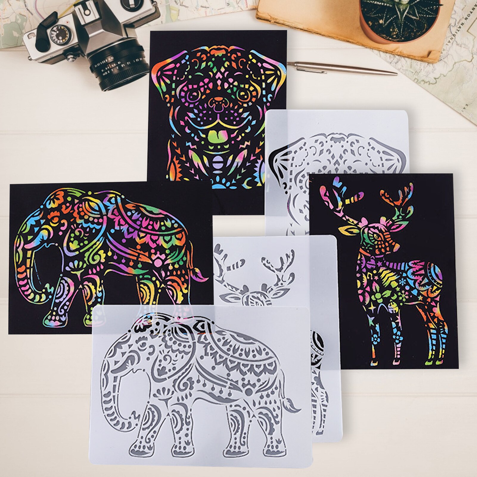 Règle de dessin d&#39;animaux, modèle ajouré, papeterie, Figure de dessin pour enfants, règle de peinture, papier à gratter