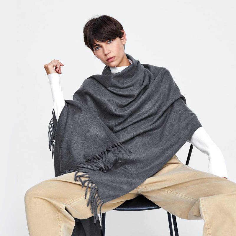 Bufanda de Cachemira de color gris con borlas para mujer, chal de lana lisa, gruesa, cálida, , invierno, novedad