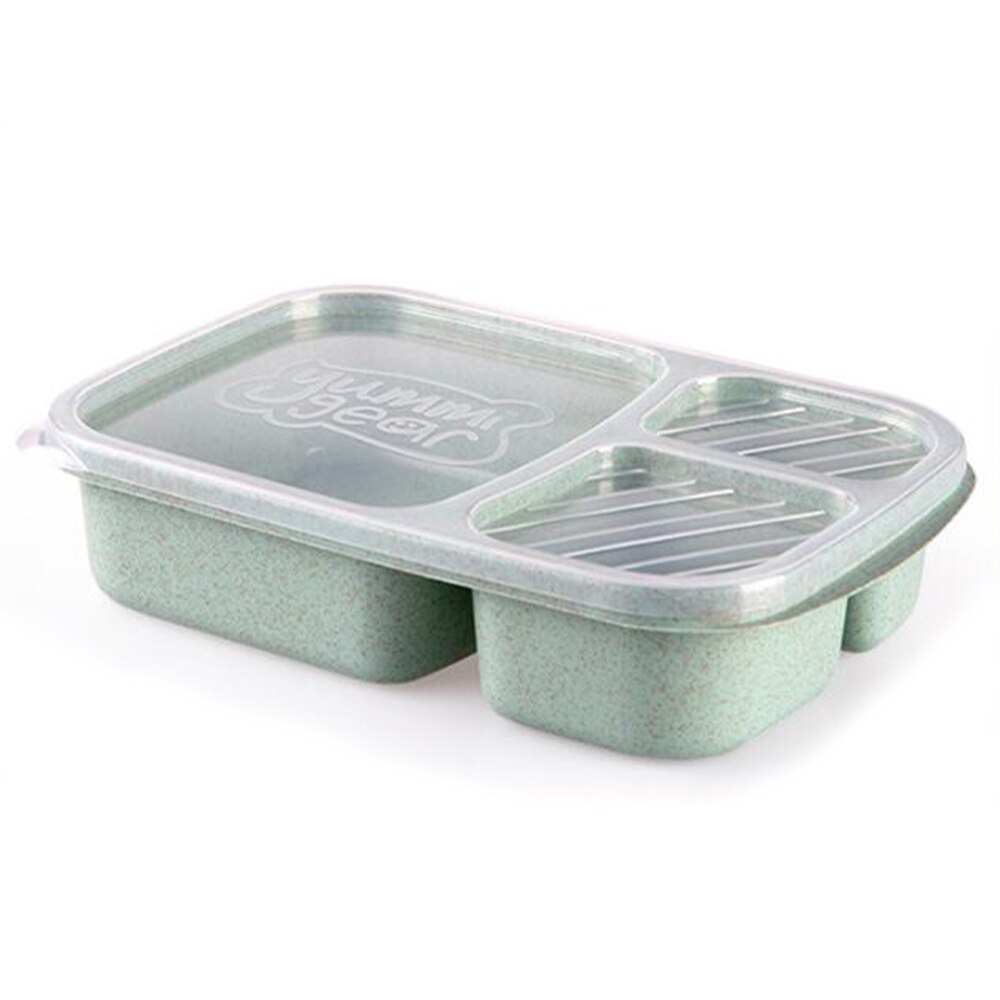 Nette Tarwe Stro Lunchbox Voedsel Container Transparante Doos Hittebestendig Lekvrije Servies Fruit Case School Kantoor: 3 Compartments-green