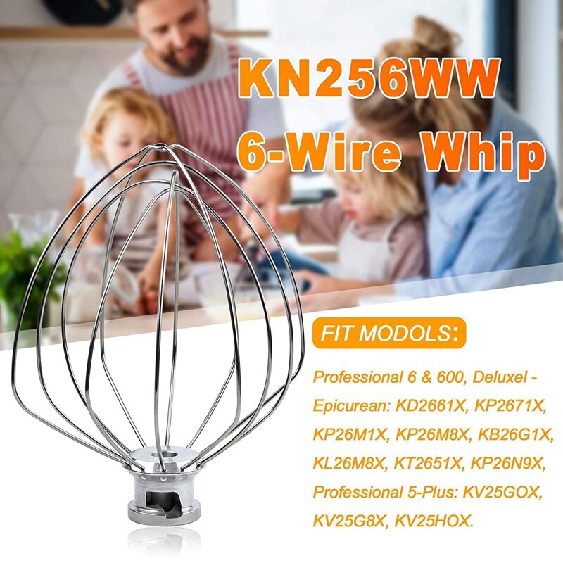 KN256WW 6-Wire Whip Attachment for KitchenAid 5-6 Quart Bowl-Lift Stand Mixer Accessory Replacement, Egg Cream Stirrer