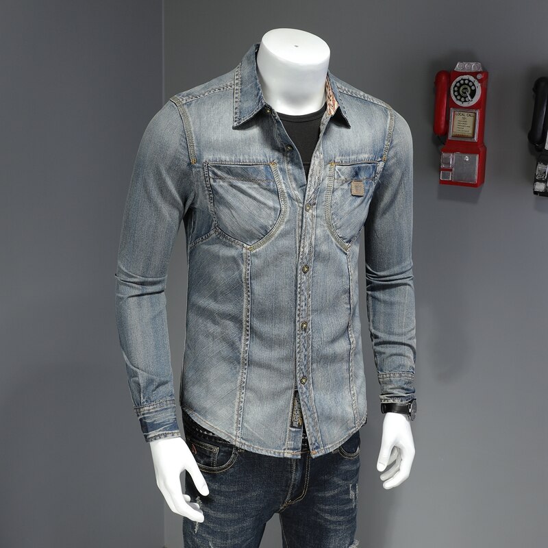 Denim Shirt Long Sleeve Men Casual Cotton Jeans Shirts Slim Fit Mens Solid Pocket Tops