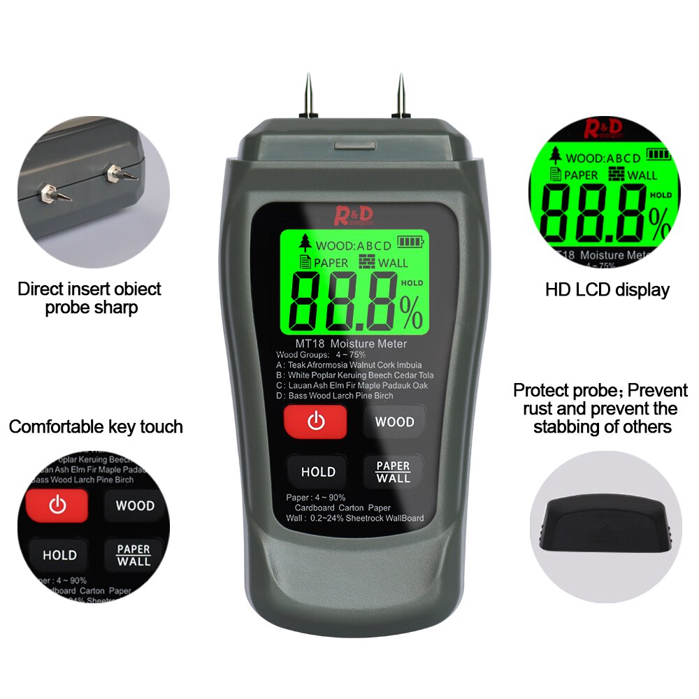 Medidor de humedad de madera, higrómetro de pared de papel, Detector de humedad de madera, probador de densidad de árbol gris, MT-18 R &amp; D,