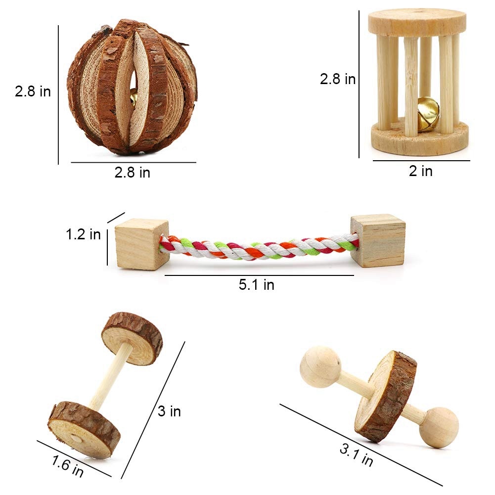 Hamster Chew Toys, 10 Pack Natural Wooden Pine Guinea Pigs Rats Chinchillas Toys Accessories Dumbells Exercise Bell Roller Tee