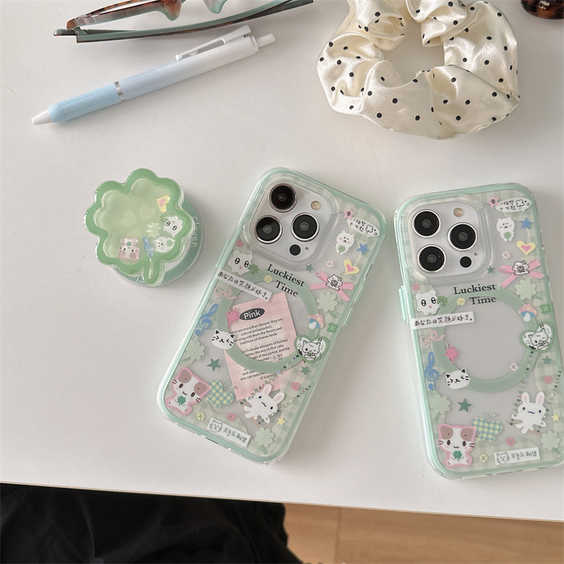 Koreanskt sött rosett- och roligt kattunge-magnetiskt stativfodral till iphone 13 pro 14 15 pro max 16 pro gungstativ kawaii silikonfodral