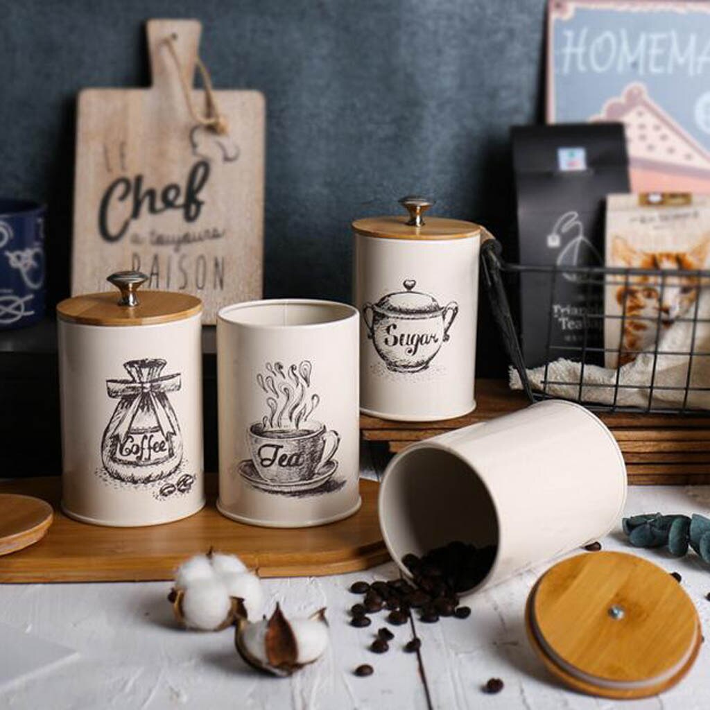 3Pcs Keuken Opslag Blikken Bus Set Bamboe Deksel Thee Koffie Suiker Brood Bin Jar