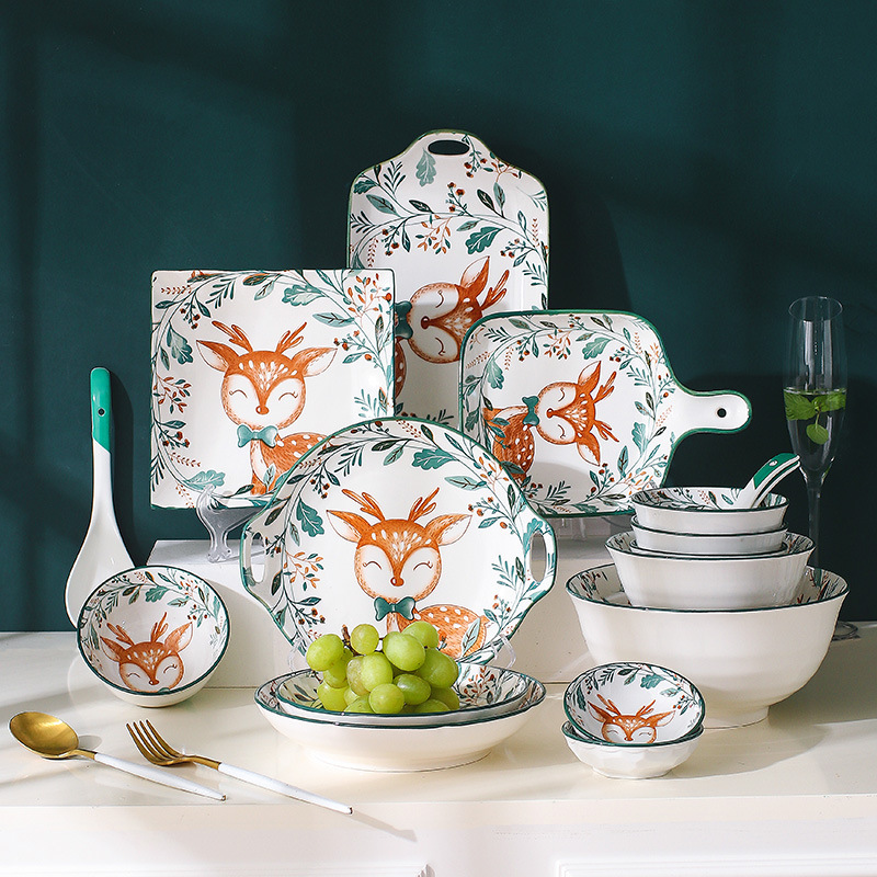 Cartoon Ceramic Kids Plate Set Dinning Food Deer Restaurant Nordic Plates Dinner Serving Platos De Cena Home Tableware DL60PZ