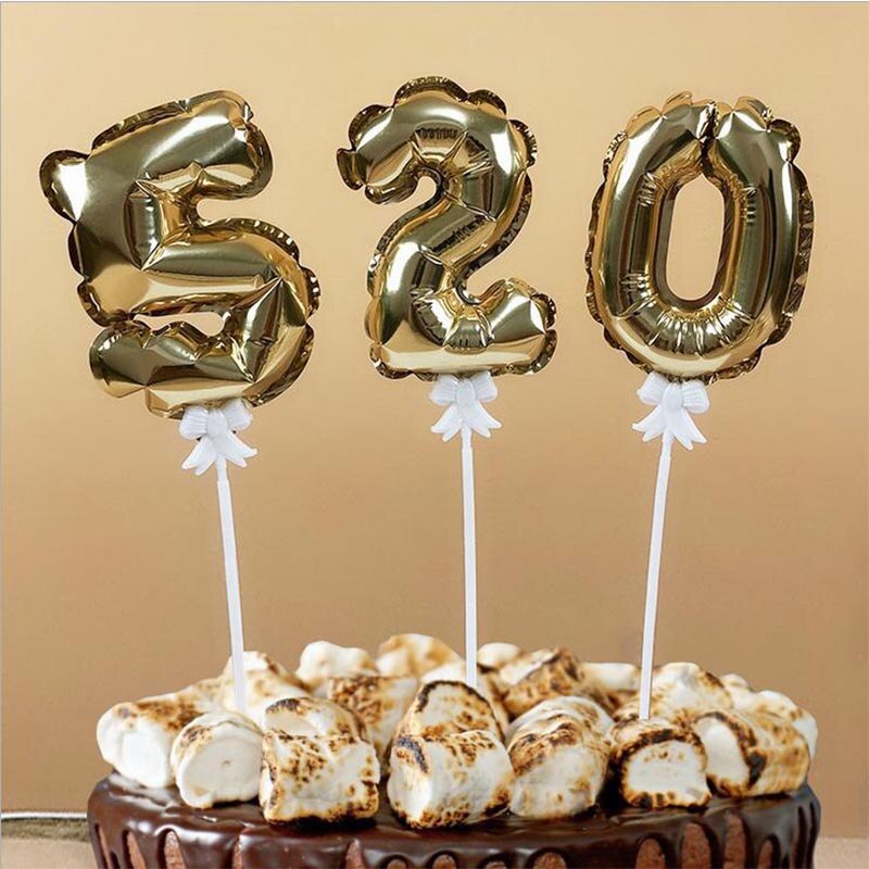 7Inch Mini Gold Silver Foil Number Balloons Cake Topper Diy Kids Birthday Cake Flags For Wedding Anniversary Birthday Decoration