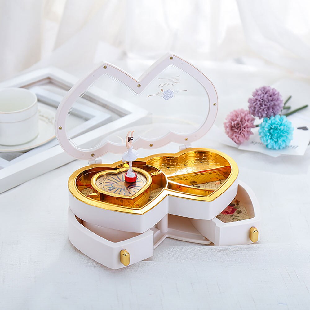 Heart Shape Crafts Dancing Ballerina Box PLastic Jewellery Box Carousel Hand Crank Music Box Mechanism For Valentine'S Day