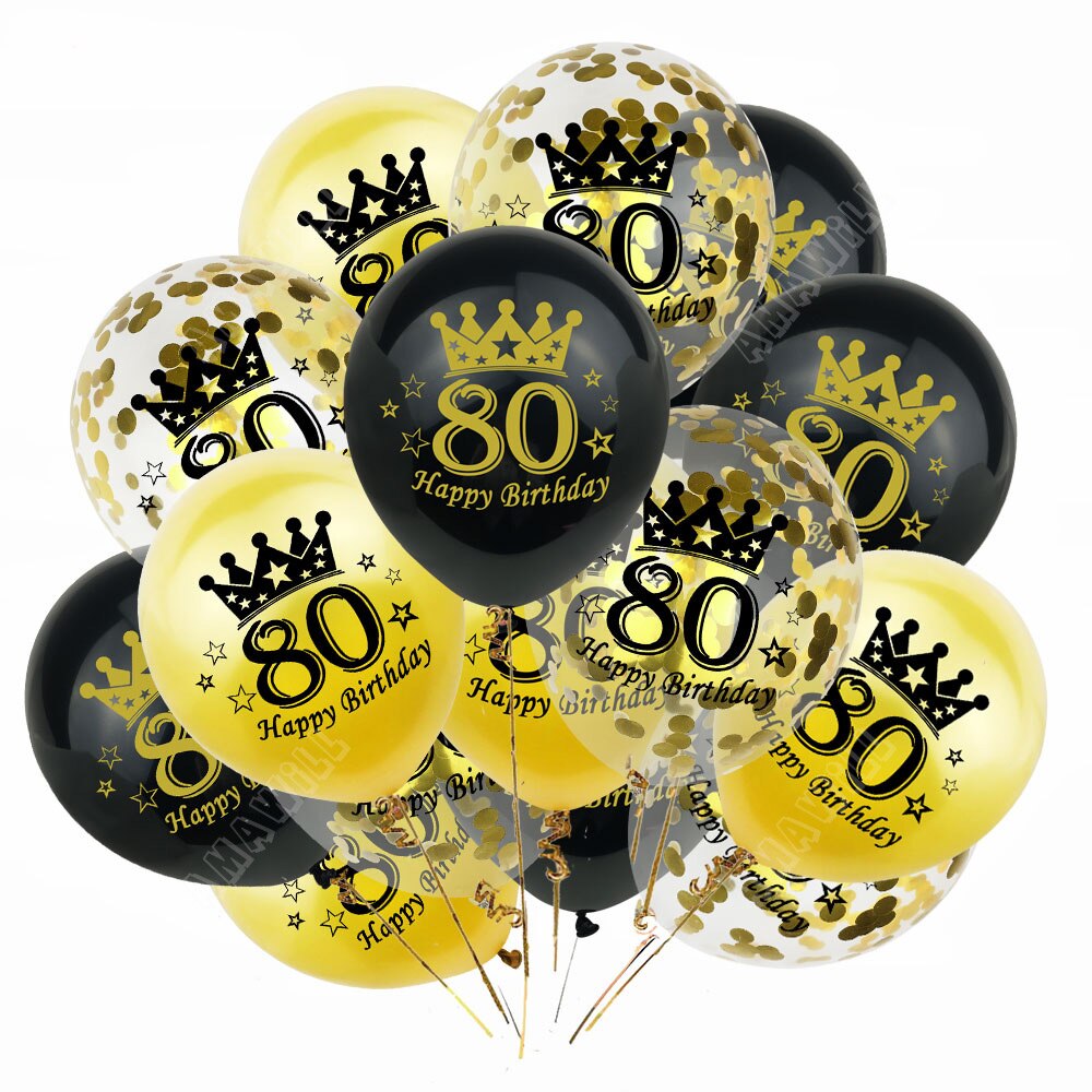 Globo de látex de 12 pulgadas para cumpleaños, confeti, 30, 40, 50, 60 y 70 años, decoración de de cumpleaños y boda, 15 piezas: gold-80