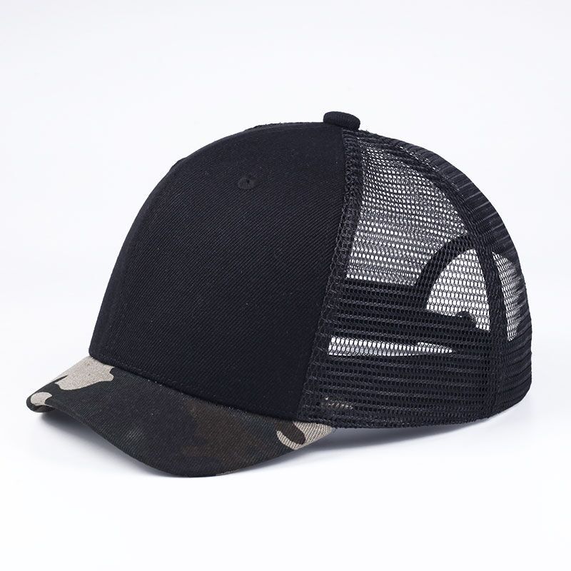 Gorras de béisbol de malla con visera corta de 4cm para hombre y mujer, sombreros de Sol de algodón para montar al aire libre, visera pequeña de talla grande, sombrero Snapback de 55-65cm: camo black