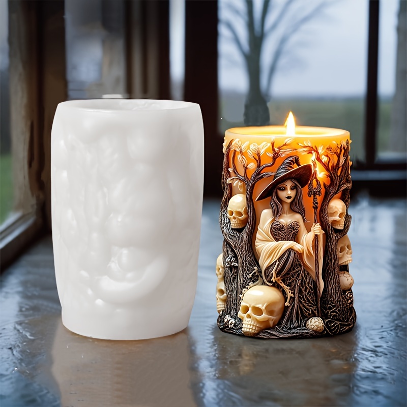 2025 Hexe Zylinder Kerze Silikonform Totenkopf Relief Zylinder Harz Silikonform Halloween Hexe Zylinder Gips Formen