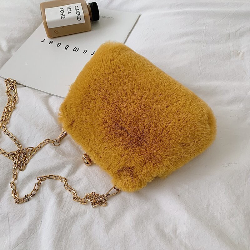 Winter schattige clip imitatiebont meisjes avondtassen dames crossbody tassen zachte pluche dames messenger bags dames handtassen: Geel