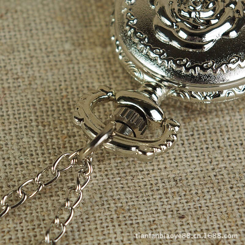 Roos reliëf verzilverde fob mini prachtige dames zakhorloge met ketting quartz dames zakhorloge voor