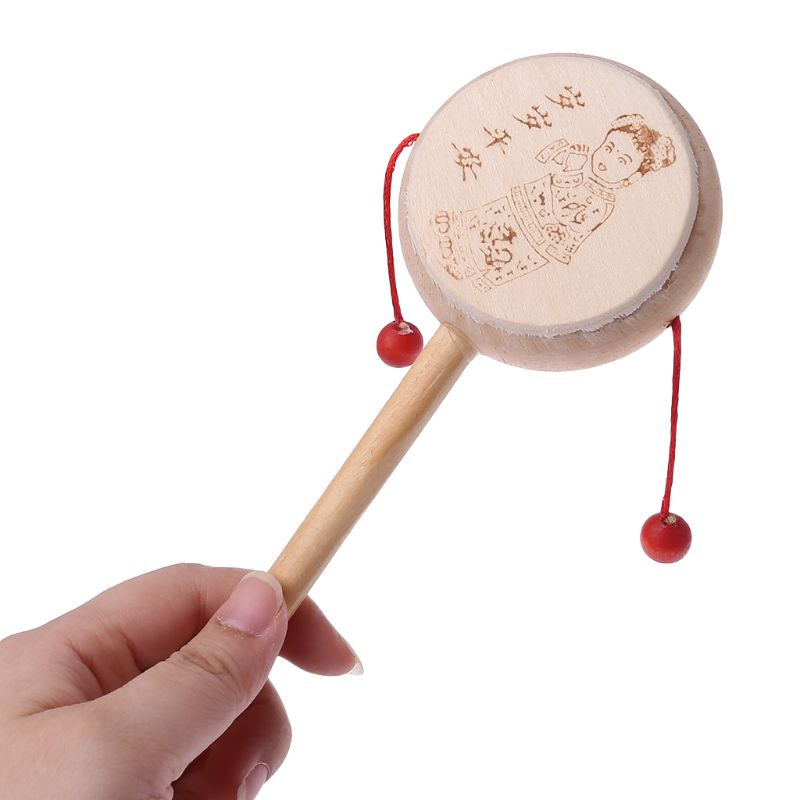 Trä tecknad kinesisk traditionell snurrande skallra trumma handklocka baby musikleksak 24be