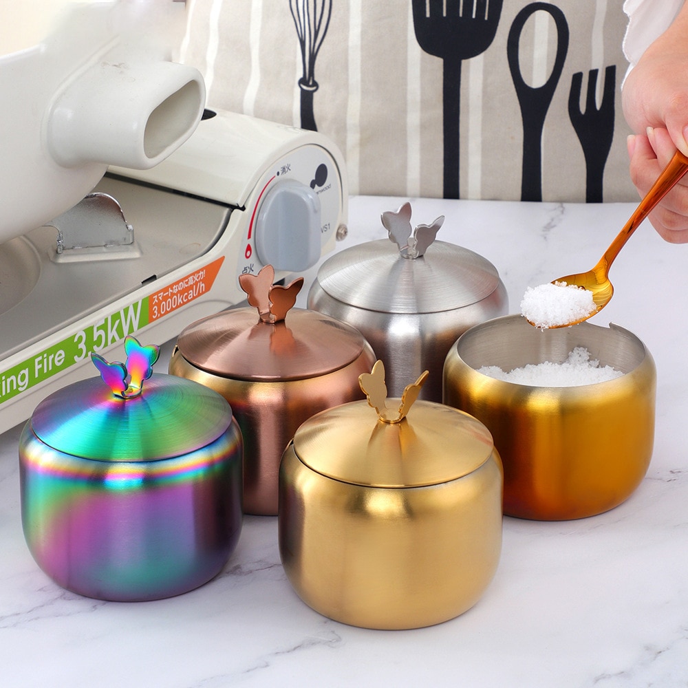 Rostfritt stål shaker och peppar shaker med lock och sked kryddor gryta socker skål salt kök arrangör förvaringsverktyg