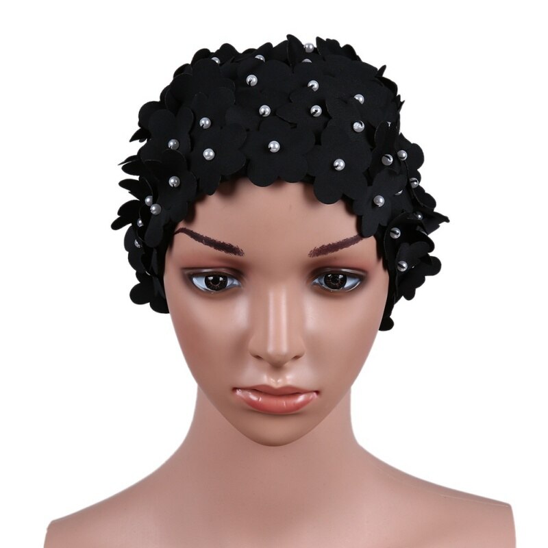Handgemaakte zwemsportmuts dames parel gestikte bloemen bloemen elastische ademende strandmuts badmuts sportkleding lang haar
