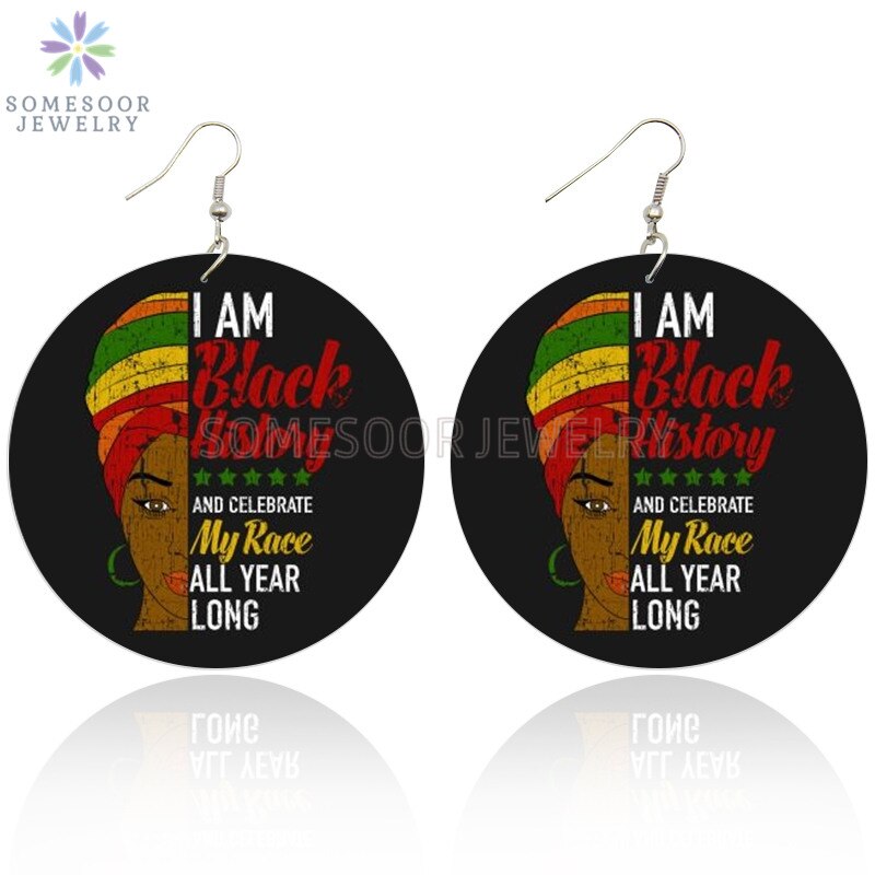 SOMESOOR Natural Black Hair Blessed Woman African Wooden Earrings Strong Educated Queen Afro Sayings Dangle For Women: Both Sides Print 1