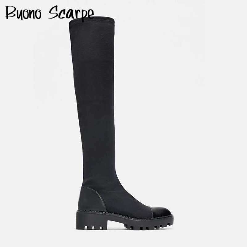Stretch Lycra Knee High Boots Platform Sock Boots Women Long Boots Casual Ladies Sock Shoes Footwear Black Shoes