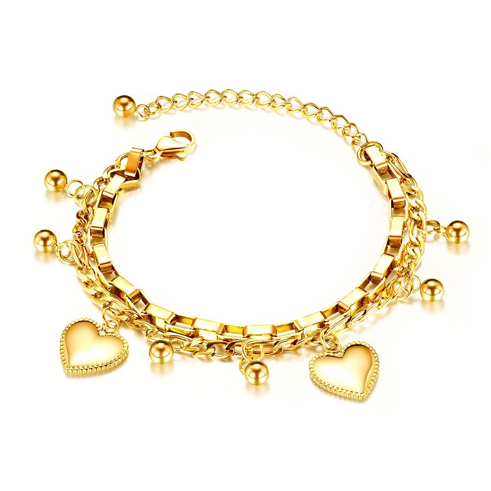 Lokaer Trendy Double Layer Stainless Steel Love Heart Ball Charm Bracelets For Women Girls Bohemia Chain Link Jewelry B19151: Gold-color