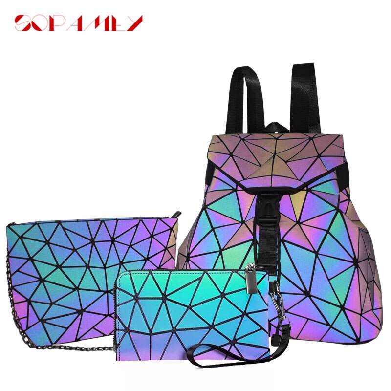 Kvinder rygsæk geometrisk lysende skoletaske til teenagepige crossbody taske til damer rygsække taske sæt kobling og pung