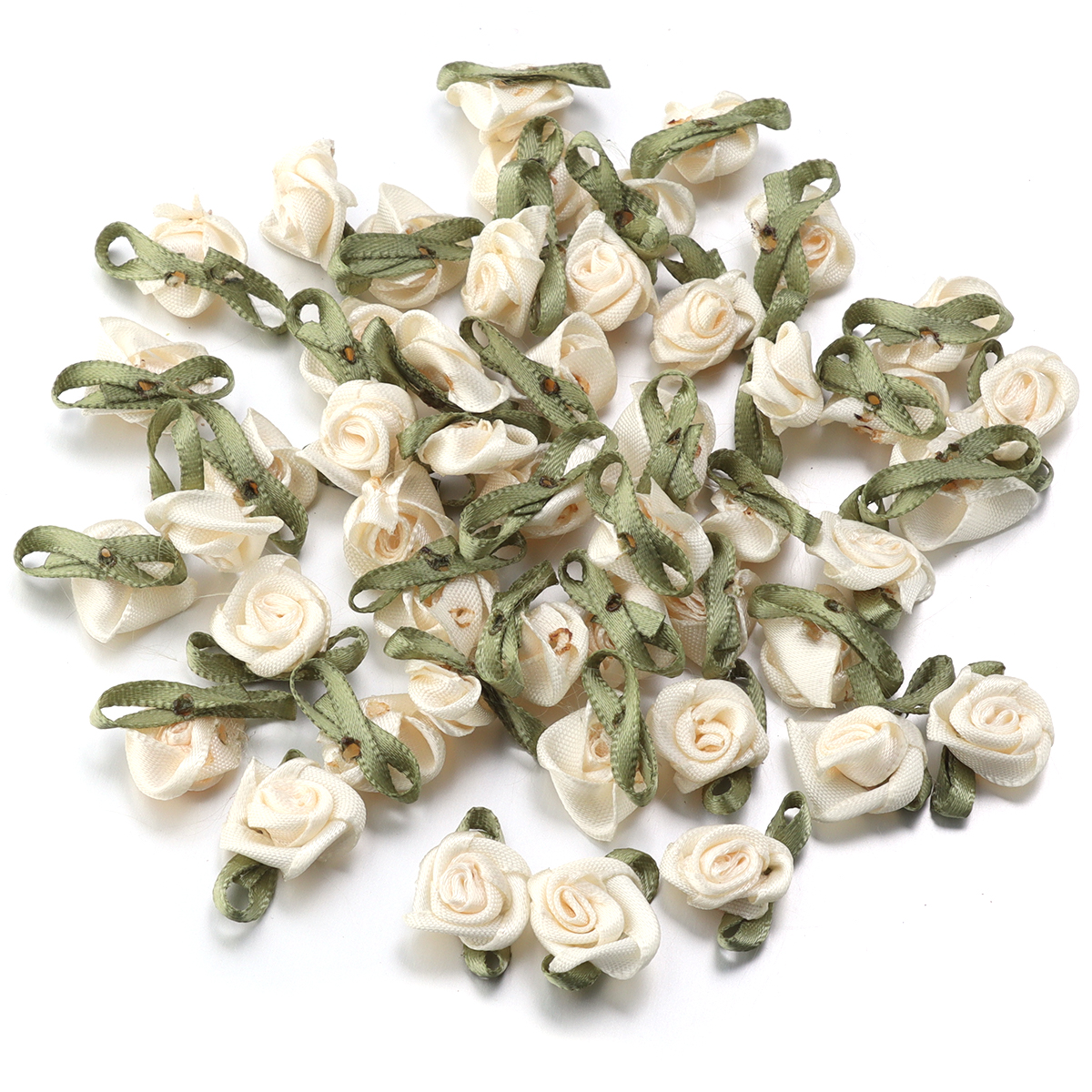 Cinta de satén para manualidades, 50 piezas, brotes de rosas de 1,5x2,5 cm, flores con hojas verdes para álbumes de recortes, sombreros, prendas de vestir, suministros de decoración de boda: Beige