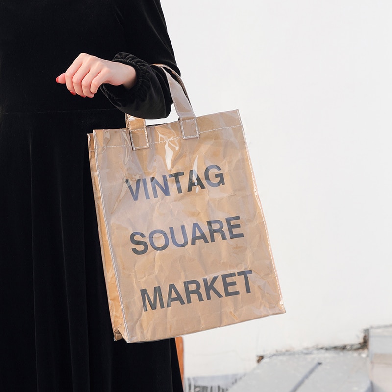 Geplooide Kraftpapier Tote Boodschappentassen Vintage Brief Grote Capaciteit Waterdichte Schoudertas Portemonnee En Handtassen